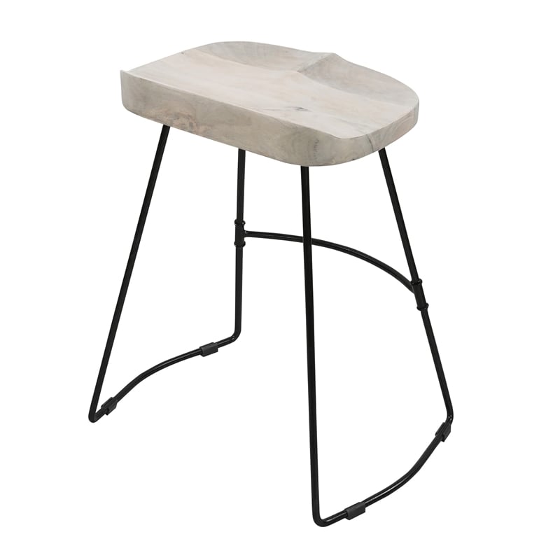 Tiva 24 Inch Handcrafted Backless Counter Height Stool- Mango Wood Saddle Seat