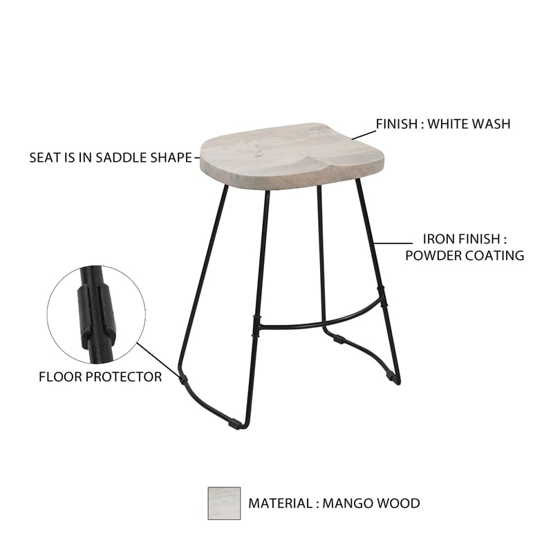 Tiva 24 Inch Handcrafted Backless Counter Height Stool- Mango Wood Saddle Seat