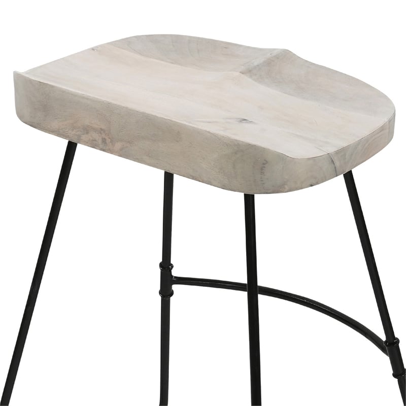 Tiva 24 Inch Handcrafted Backless Counter Height Stool- Mango Wood Saddle Seat