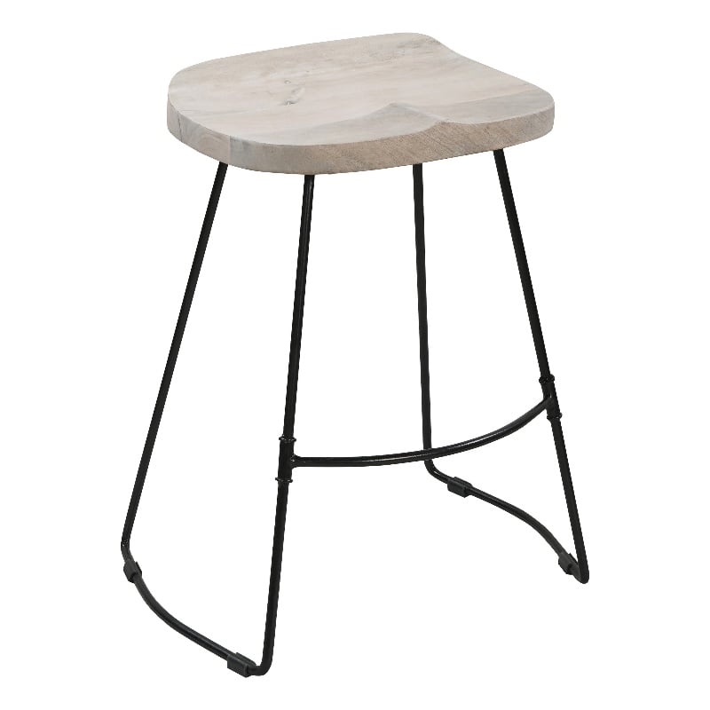 Tiva 24 Inch Handcrafted Backless Counter Height Stool- Mango Wood Saddle Seat