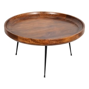 Gia Handcrafted Round Mango Wood  Coffee Table with Tray Top-  Dark Walnut Brown