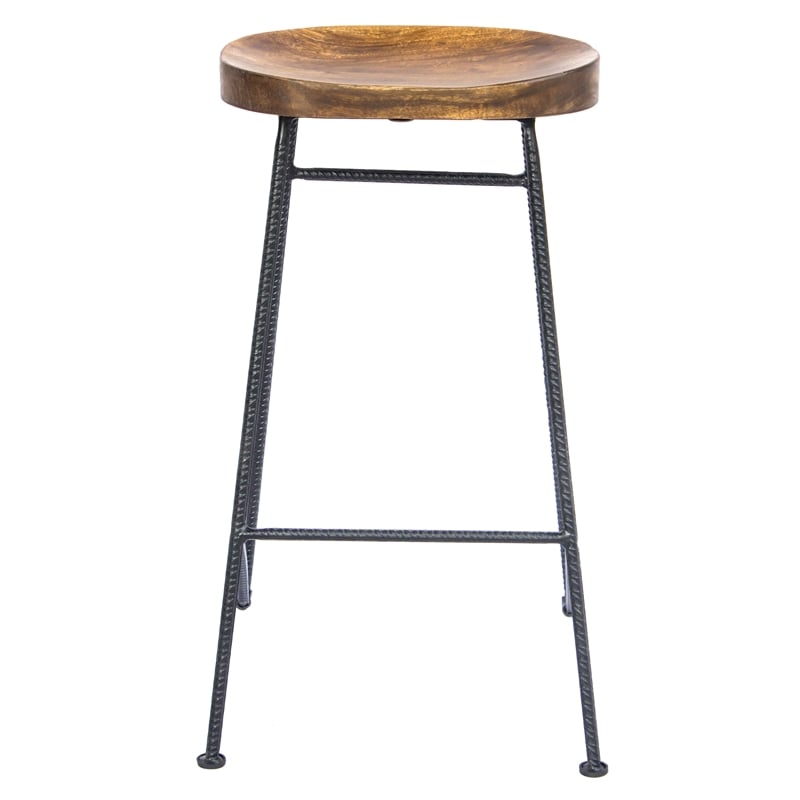 Jael 28 Inch Bar Stool with Mango Wood Saddle Seat- Iron Rod Legs- Brown