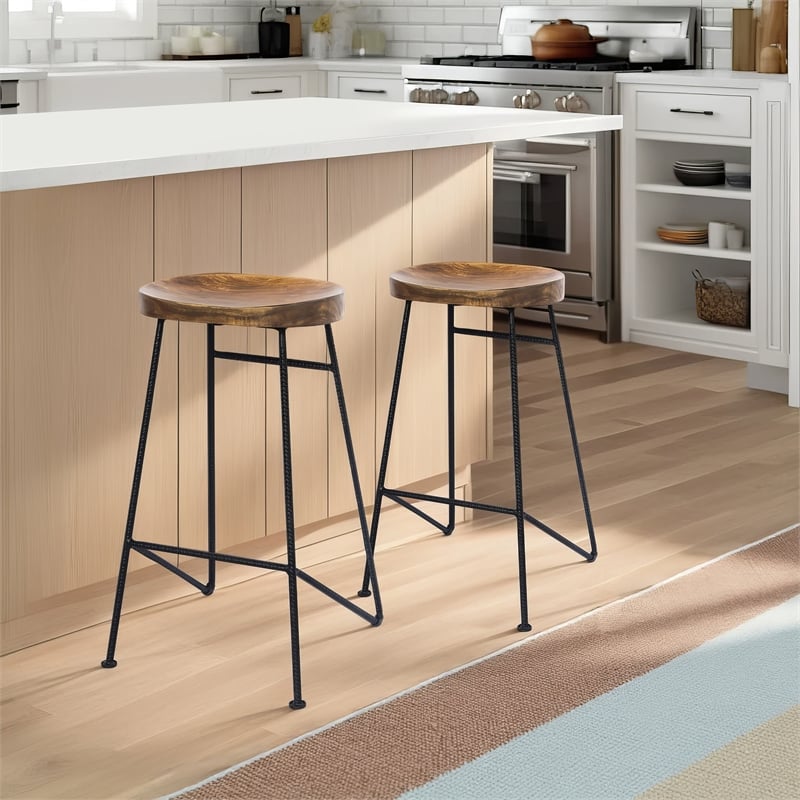 Jael 28 Inch Bar Stool with Mango Wood Saddle Seat- Iron Rod Legs- Brown