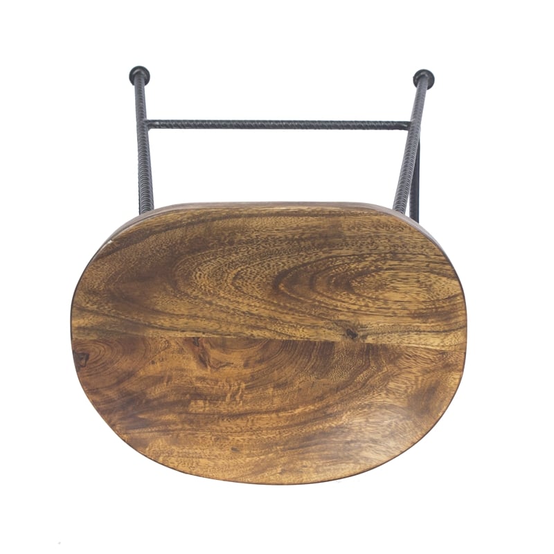 Jael 28 Inch Bar Stool with Mango Wood Saddle Seat- Iron Rod Legs- Brown