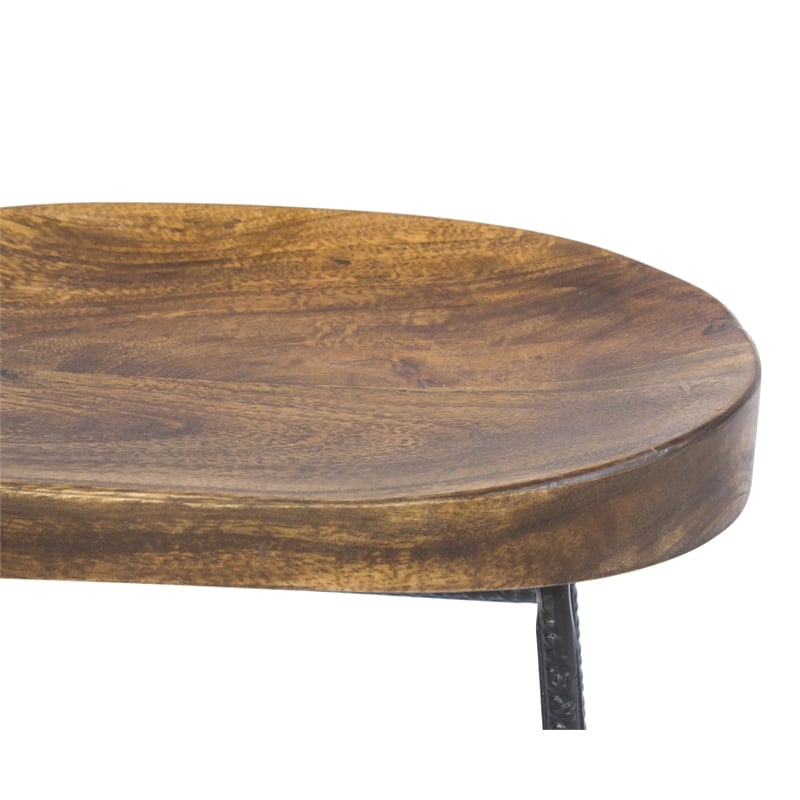 Jael 28 Inch Bar Stool with Mango Wood Saddle Seat- Iron Rod Legs- Brown