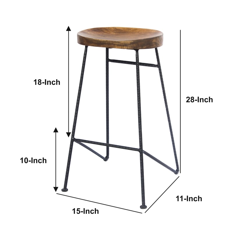 Jael 28 Inch Bar Stool with Mango Wood Saddle Seat- Iron Rod Legs- Brown