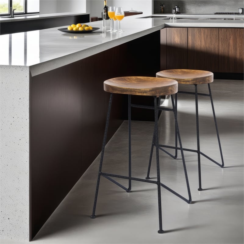 Jael 28 Inch Bar Stool with Mango Wood Saddle Seat- Iron Rod Legs- Brown