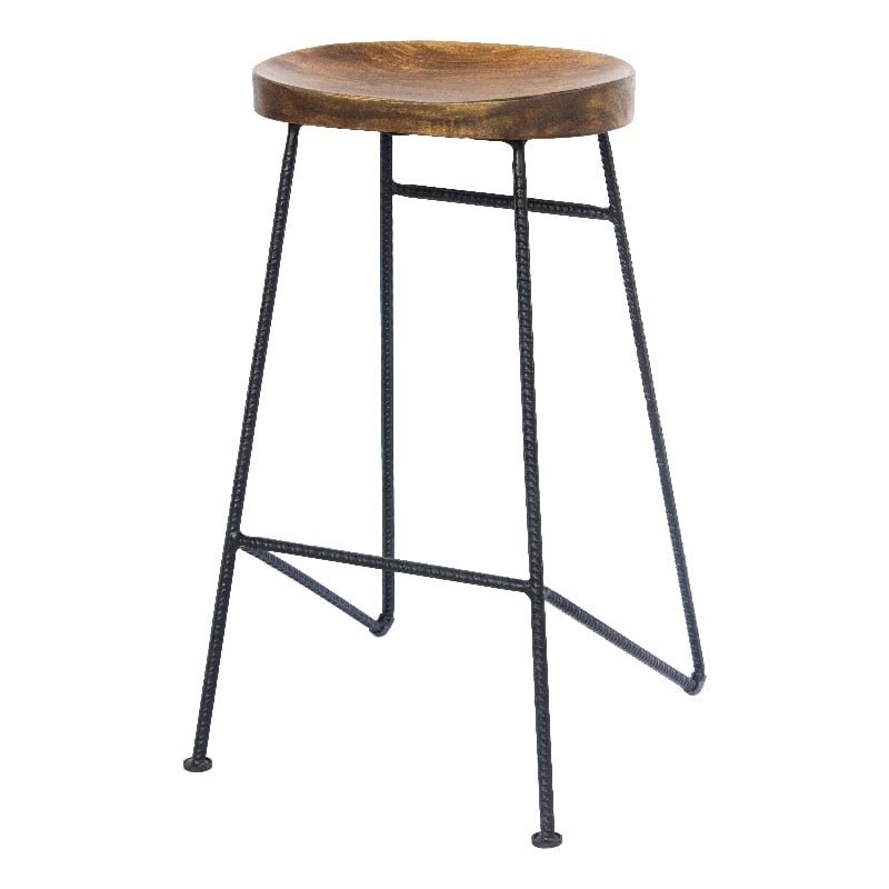Jael 28 Inch Bar Stool with Mango Wood Saddle Seat- Iron Rod Legs- Brown