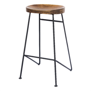 Jael 28 Inch Bar Stool with Mango Wood Saddle Seat- Iron Rod Legs- Brown