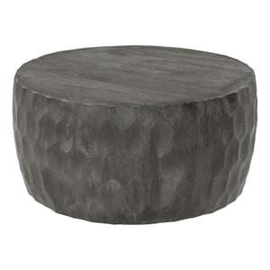 Val 34 Inch Handcrafted Mango Wood Coffee Table- Hammered Round Drum Shape