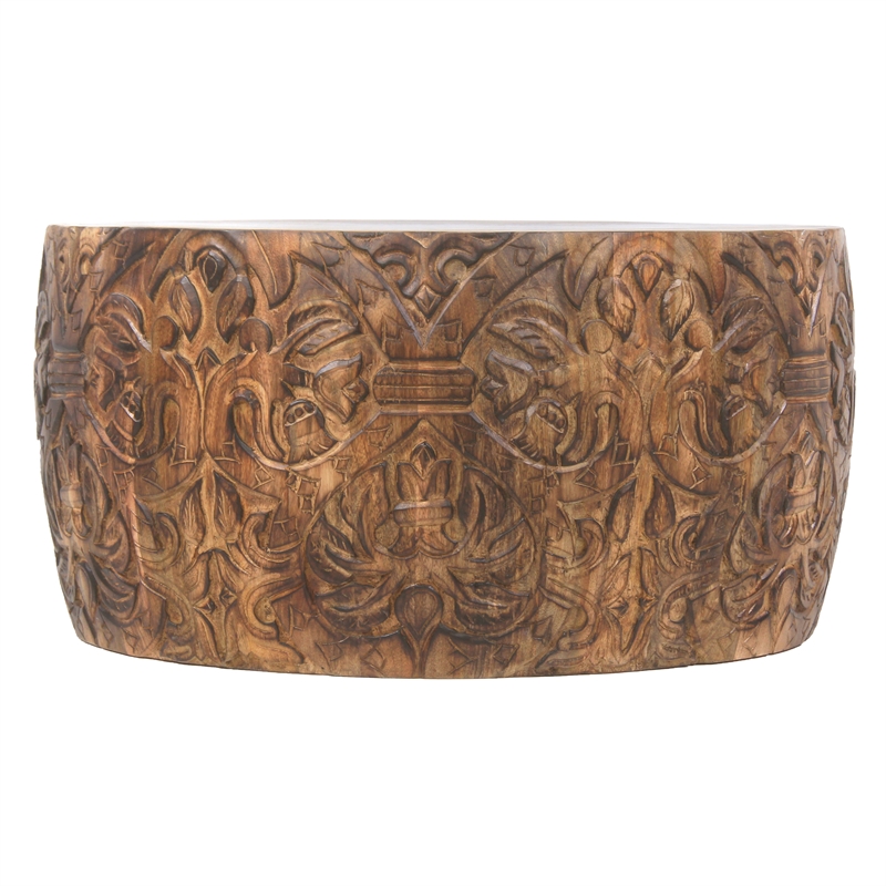 Rea 34 Inch Handcrafted Mango Wood Coffee Table- Round Drum Shape-Damask Pattern