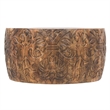 Rea 34 Inch Handcrafted Mango Wood Coffee Table- Round Drum Shape-Damask Pattern