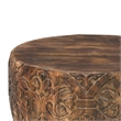 Rea 34 Inch Handcrafted Mango Wood Coffee Table- Round Drum Shape-Damask Pattern