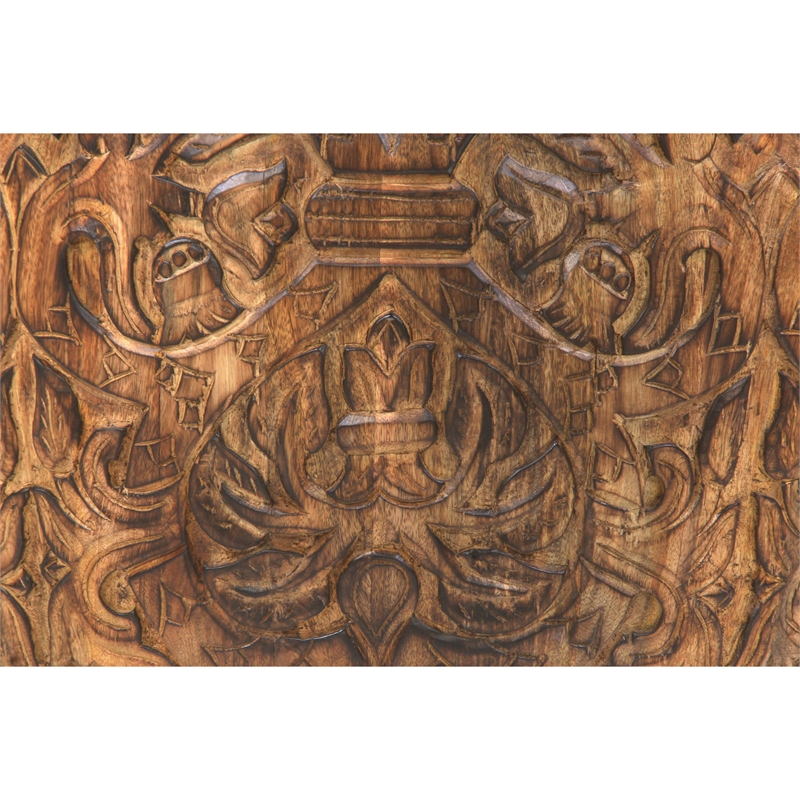 Rea 34 Inch Handcrafted Mango Wood Coffee Table- Round Drum Shape-Damask Pattern