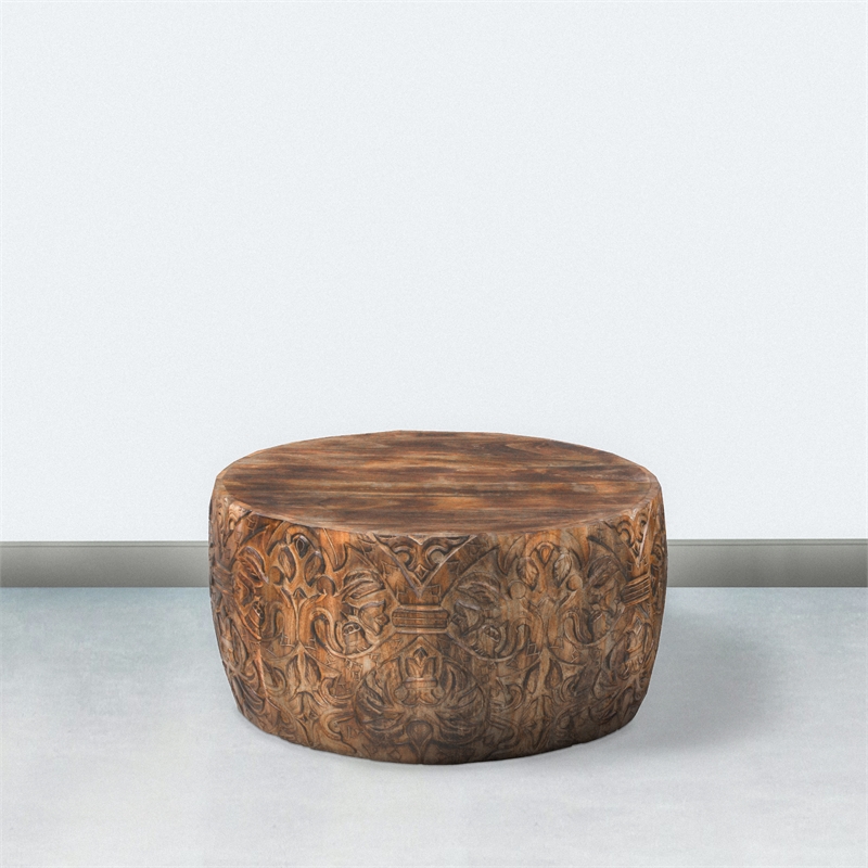 Rea 34 Inch Handcrafted Mango Wood Coffee Table- Round Drum Shape-Damask Pattern