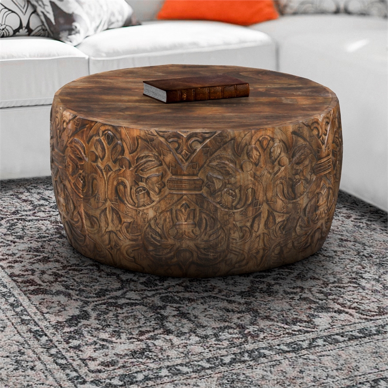 Rea 34 Inch Handcrafted Mango Wood Coffee Table- Round Drum Shape-Damask Pattern
