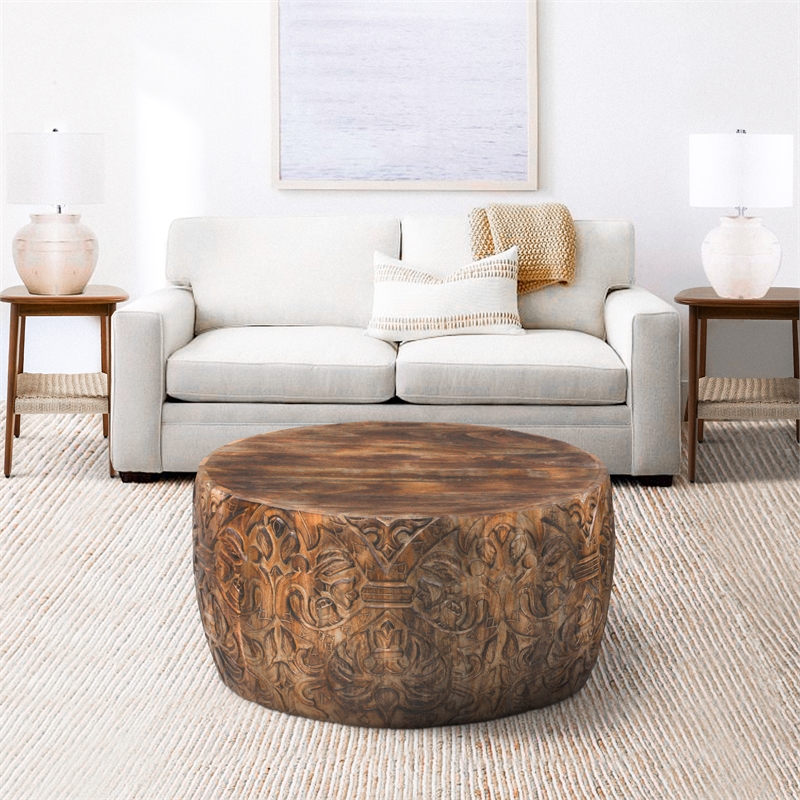 Rea 34 Inch Handcrafted Mango Wood Coffee Table- Round Drum Shape-Damask Pattern