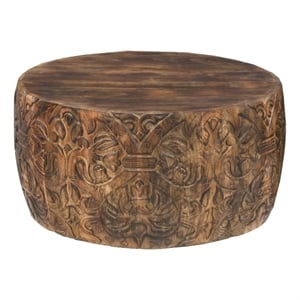 Rea 34 Inch Handcrafted Mango Wood Coffee Table- Round Drum Shape-Damask Pattern