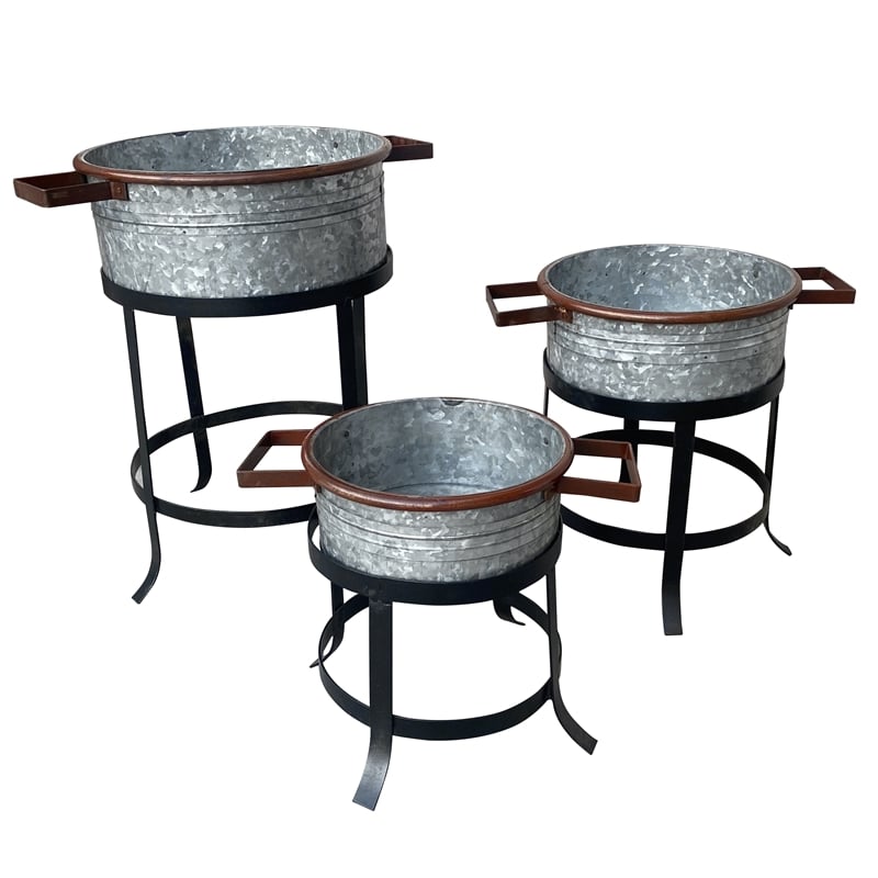 21- 18- and 16 Inch 3 Piece Round Tub Metal Planter Set with Stand in Galvanized