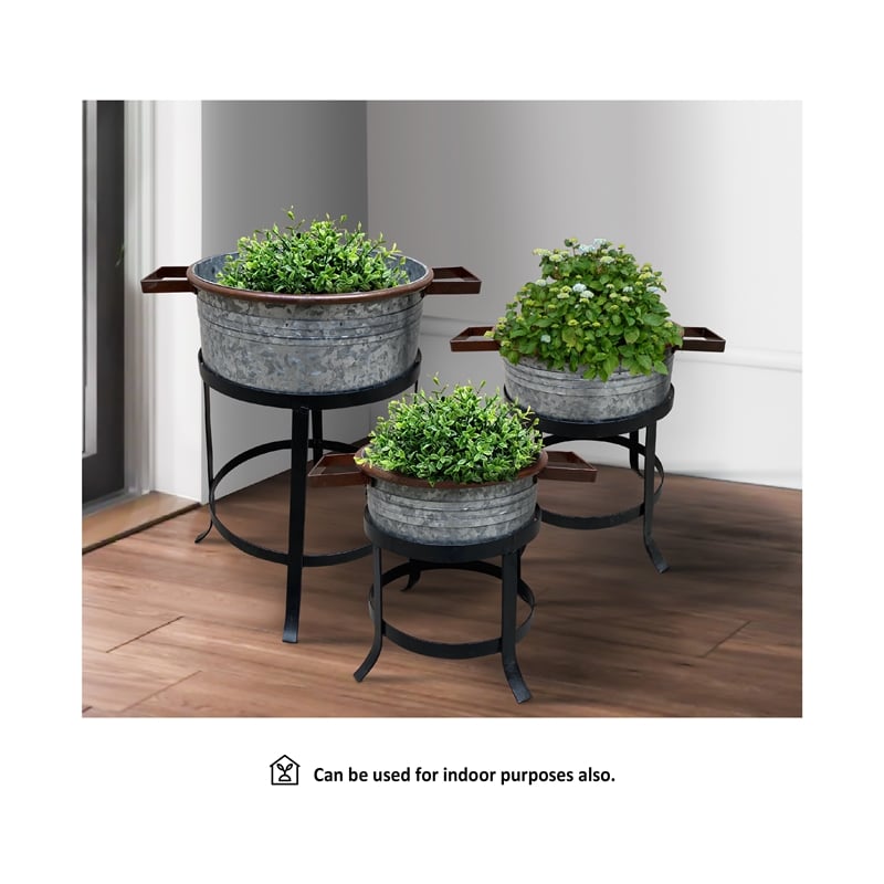 21- 18- and 16 Inch 3 Piece Round Tub Metal Planter Set with Stand in Galvanized