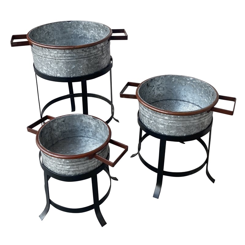 21- 18- and 16 Inch 3 Piece Round Tub Metal Planter Set with Stand in Galvanized