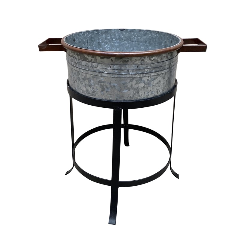 21- 18- and 16 Inch 3 Piece Round Tub Metal Planter Set with Stand in Galvanized
