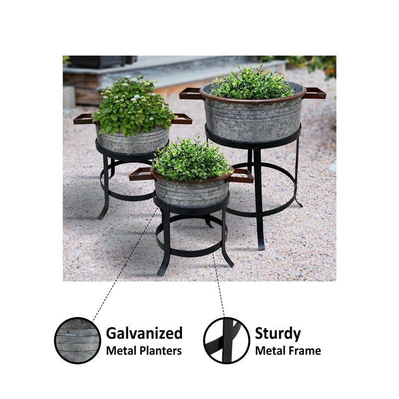 21- 18- and 16 Inch 3 Piece Round Tub Metal Planter Set with Stand in Galvanized