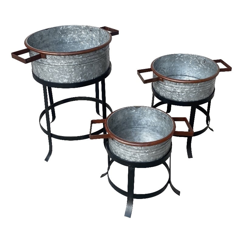 21- 18- and 16 Inch 3 Piece Round Tub Metal Planter Set with Stand in Galvanized