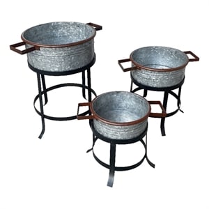 21- 18- and 16 Inch 3 Piece Round Tub Metal Planter Set with Stand in Galvanized
