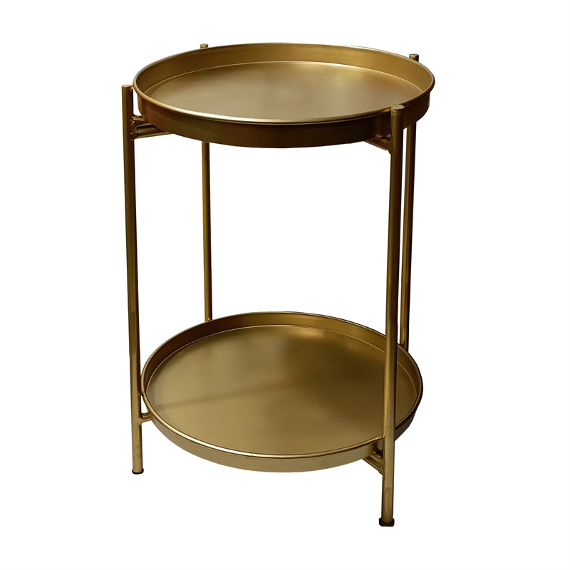 Vica 20 Inch High Round Side End Table with 2 Tier Iron Frame- Matte Gold