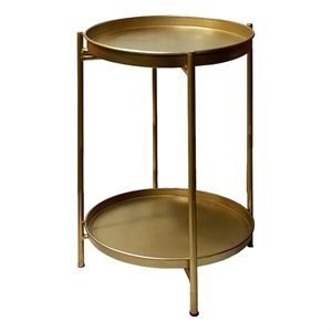 Vica 20 Inch High Round Side End Table with 2 Tier Iron Frame- Matte Gold