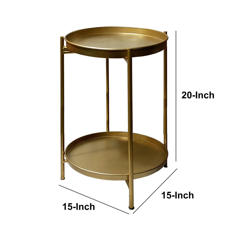 Vica 20 Inch High Round Side End Table with 2 Tier Iron Frame- Matte Gold