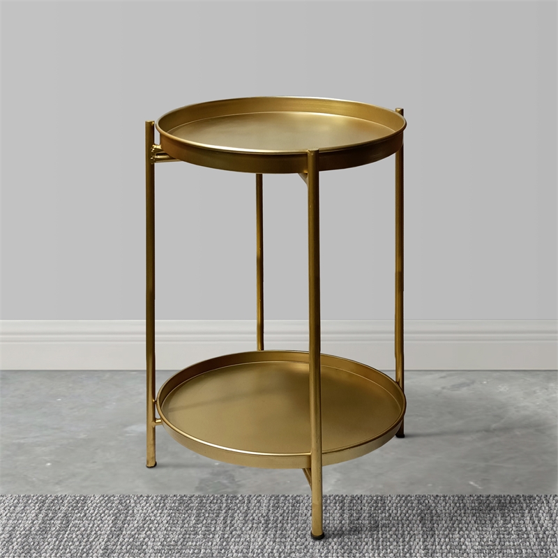 Vica 20 Inch High Round Side End Table with 2 Tier Iron Frame- Matte Gold