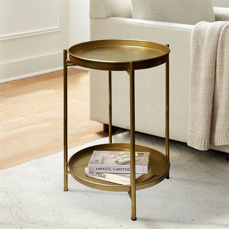 Vica 20 Inch High Round Side End Table with 2 Tier Iron Frame- Matte Gold