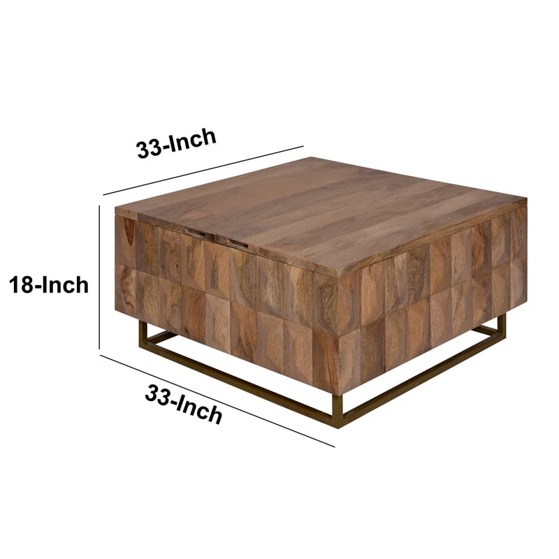 33 Inch Lift Top Storage Trunk Coffee Table- Square- Mango Wood- Natural Brown