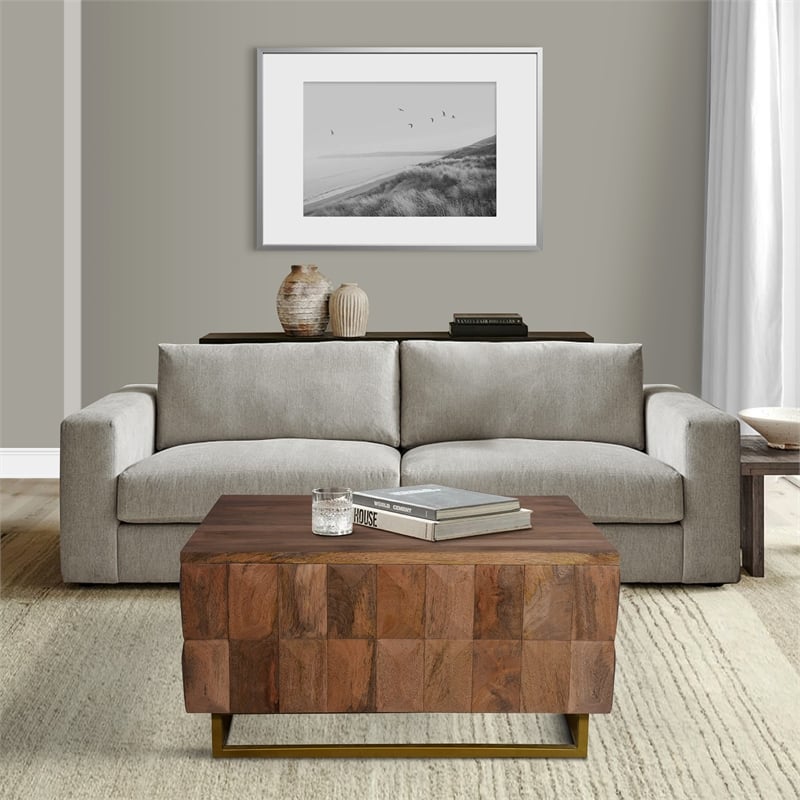 33 Inch Lift Top Storage Trunk Coffee Table- Square- Mango Wood- Natural Brown