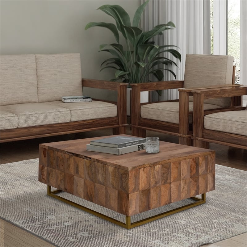 33 Inch Lift Top Storage Trunk Coffee Table- Square- Mango Wood- Natural Brown