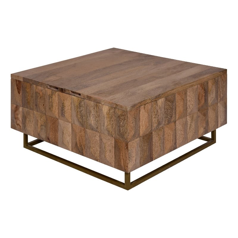 33 Inch Lift Top Storage Trunk Coffee Table- Square- Mango Wood- Natural Brown