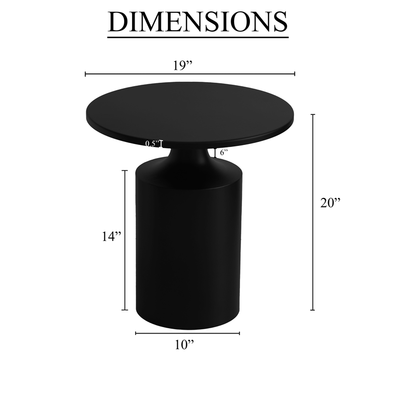 Zoe 20 Inch Modern Round Iron Side Table with Pedestal Base- Matte Black