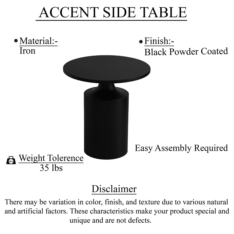 Zoe 20 Inch Modern Round Iron Side Table with Pedestal Base- Matte Black