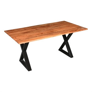 67 Inch Rectangular Dining Table- Crossed Metal Legs-Faux Live Edge Acacia Top