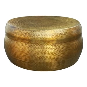 Kvira 32&quot Artisanal Round Drum Coffee Table-Hammered Embossed Texturing-Aluminum