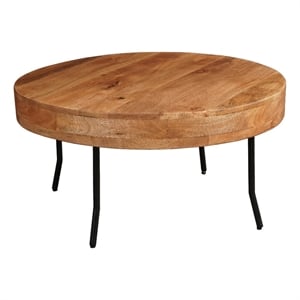 32 Inch Coffee Table- Handcrafted Mango Wood Round Top- Black Metal Angled Legs