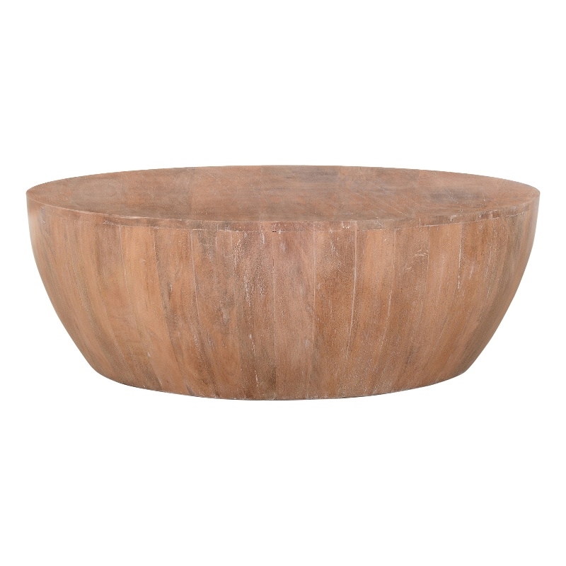 Arthur Drum Shape Wooden 35.5 Inch Coffee Table with Plank Design Base