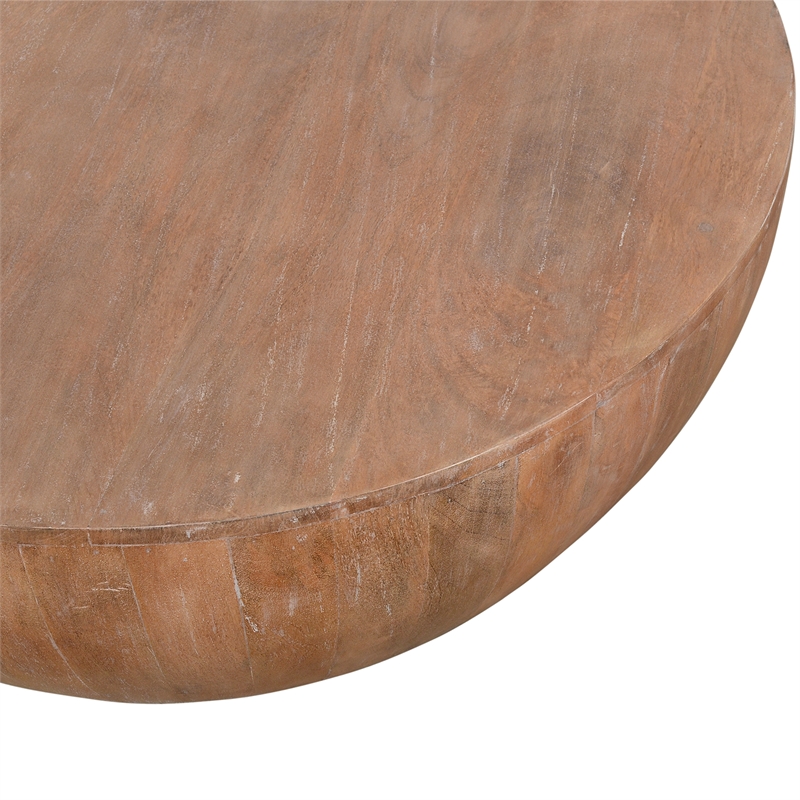 Arthur Drum Shape Wooden 35.5 Inch Coffee Table with Plank Design Base