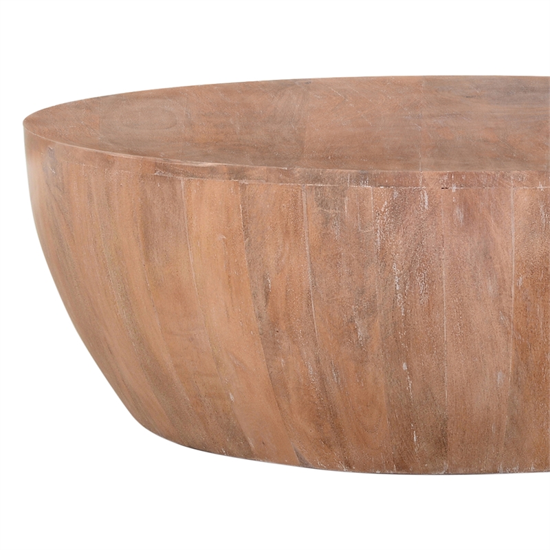 Arthur Drum Shape Wooden 35.5 Inch Coffee Table with Plank Design Base