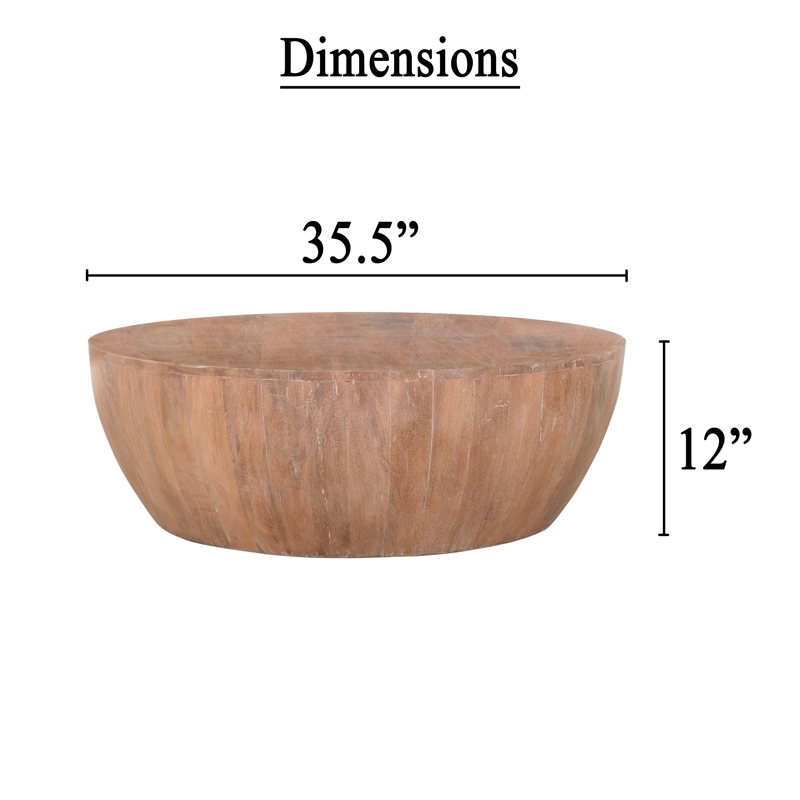 Arthur Drum Shape Wooden 35.5 Inch Coffee Table with Plank Design Base