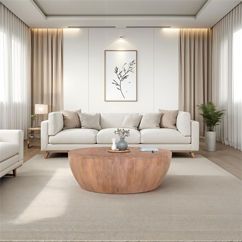 Arthur Drum Shape Wooden 35.5 Inch Coffee Table with Plank Design Base