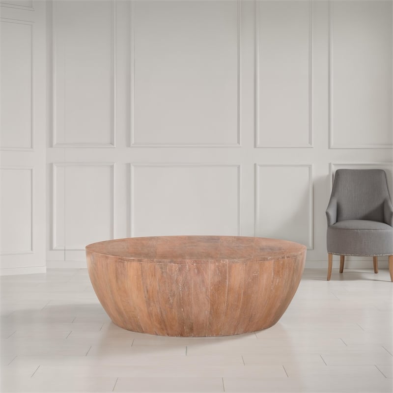 Arthur Drum Shape Wooden 35.5 Inch Coffee Table with Plank Design Base