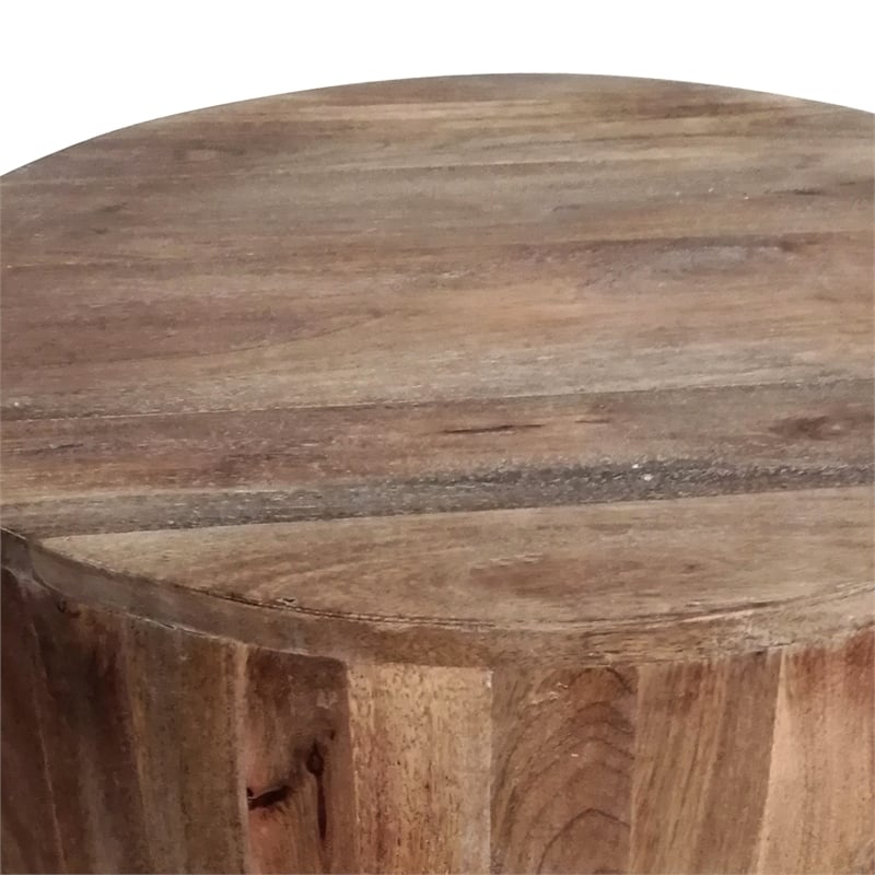 Arthur Handcarved Cylindrical Shape Round Mango Wood Distressed Side End Table